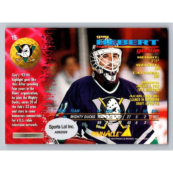 Guy Hebert Premier Hockey Card 1994 Pinnacle Signed Anaheim Mighty Ducks Goalie - Picture 2 of 2